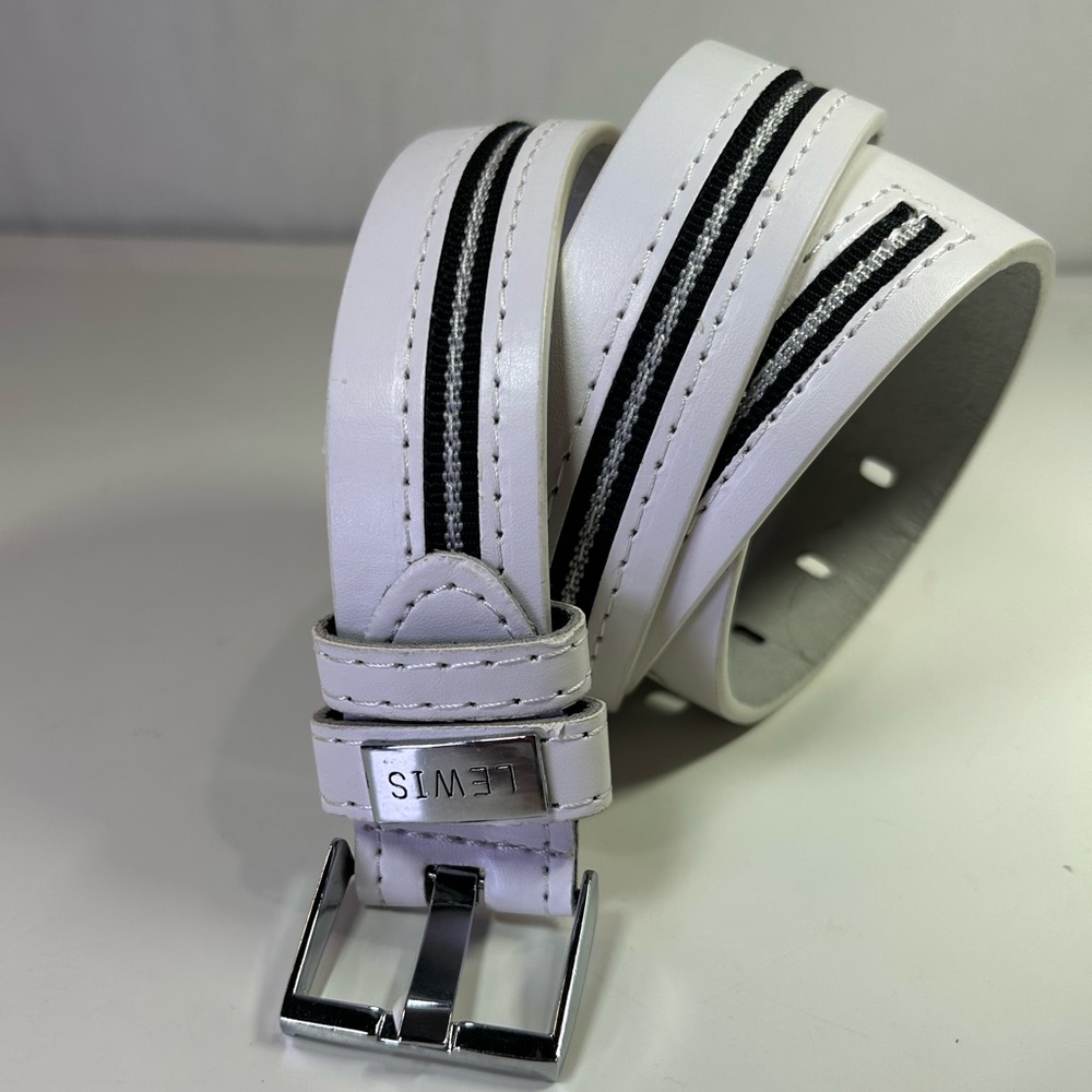 Lewis Canadian Longhorn Italian Style White Leather Belt, Black Stripe. Size L